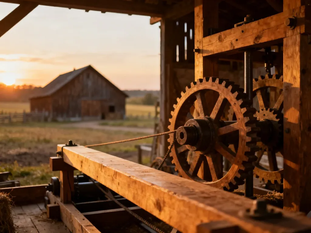 Tradycyjny drewniany kierat konny w wiejskim krajobrazie z XIX wieku, ukazujący mechanizm przekładni zębatych.